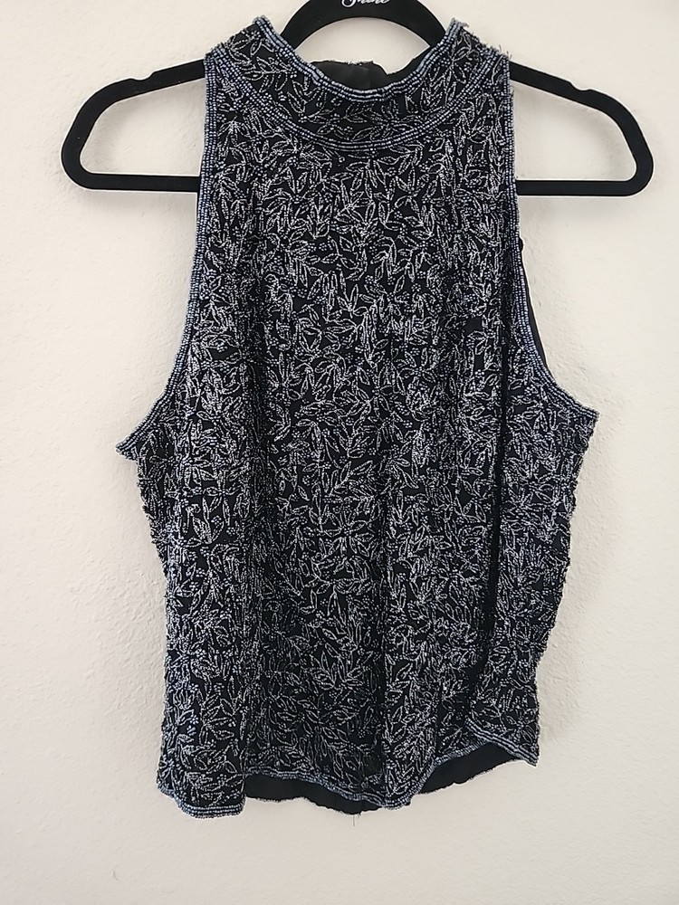 Womens Vtg Papell Boutique Evening Silk Beaded High Neck Tank Top Xl