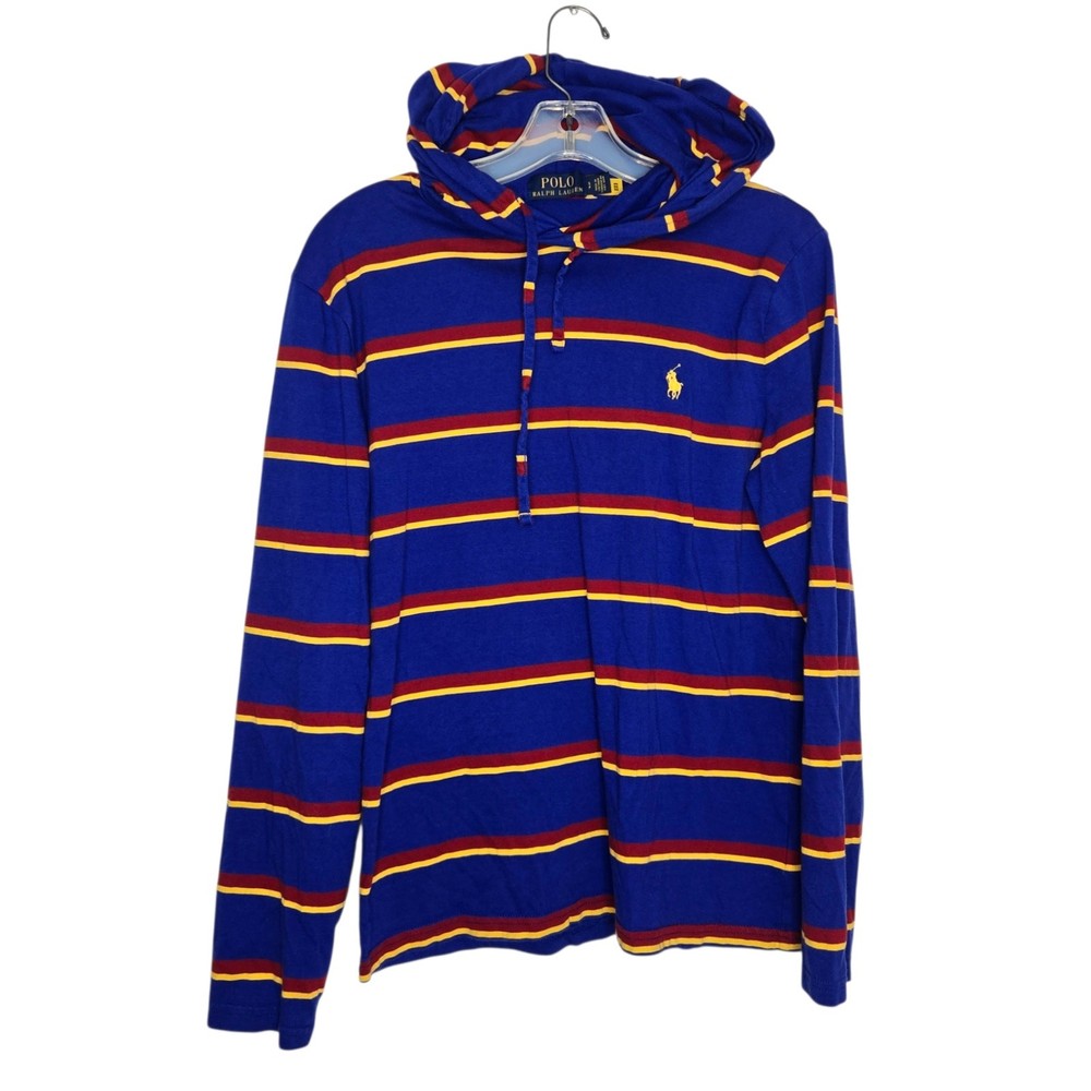 Polo Ralph Lauren Men Multi Stripe Jersey Hooded T-Shirt Blue Long sleeve Small