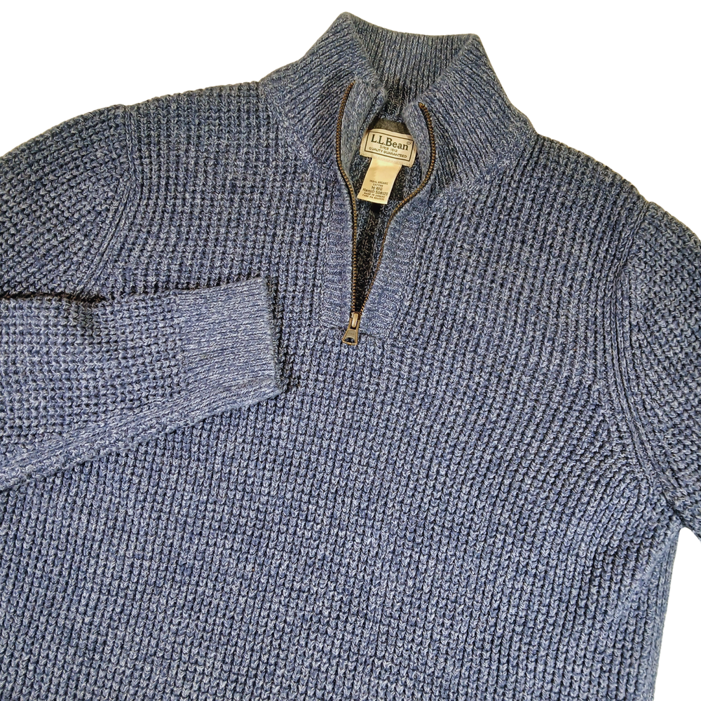 LL Bean Men's Medium 100% Organic Cotton Waffle Knit 1/4 Zip Sweater Blue
