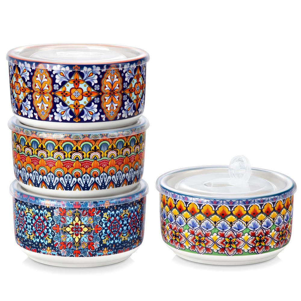 36 oz Ceramic Bowls with Lids Set of 4, 6 Inch Food Storage Containers & Prep...
