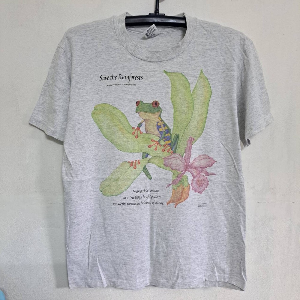 VTG 90s Save The Rainforests T-Shirt Red Eyed Tree Frog Orchid Nature Art Tee M