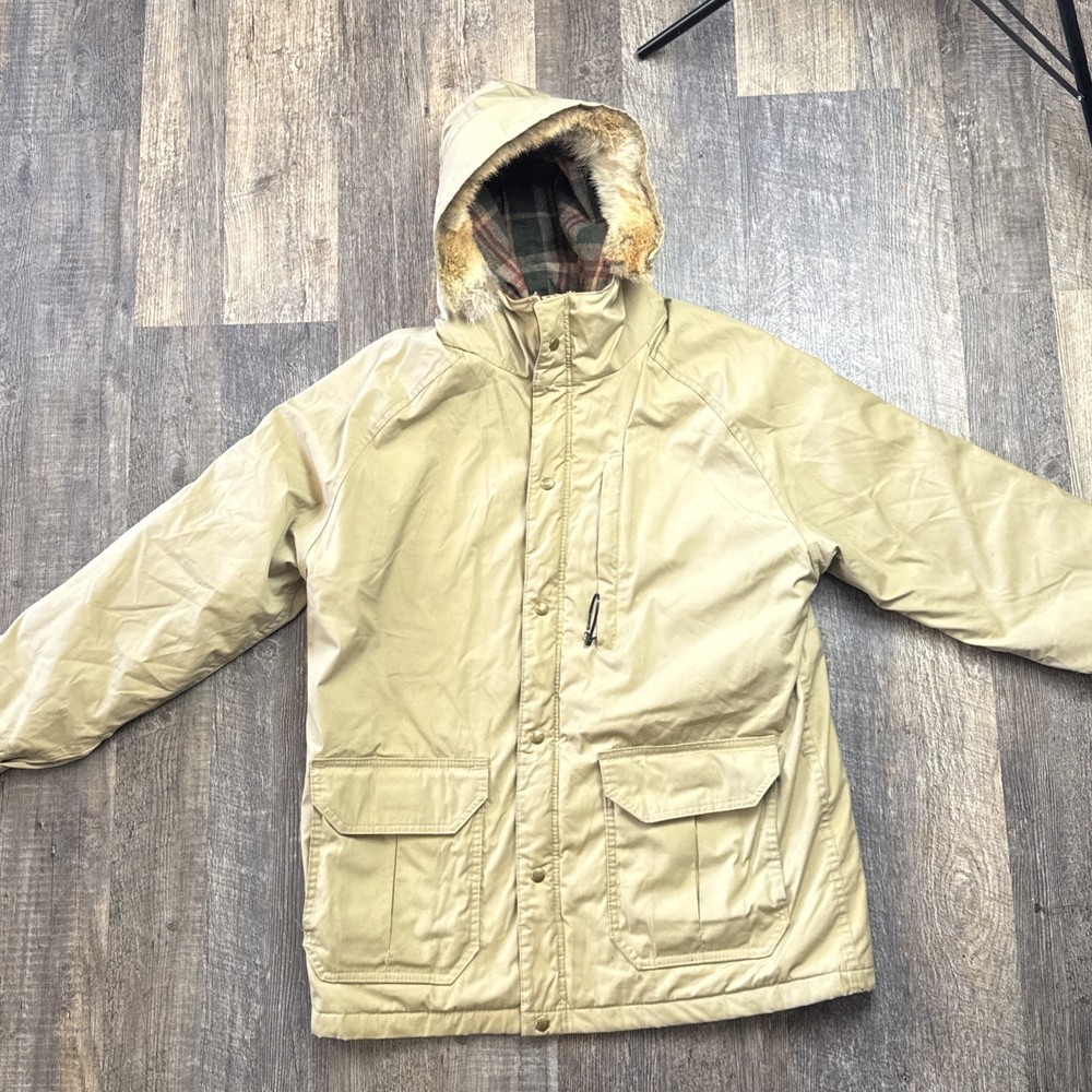 Vintage Woolrich Parka Jacket Men's L Beige Coyote Fur Trim Hood Wool Flannel