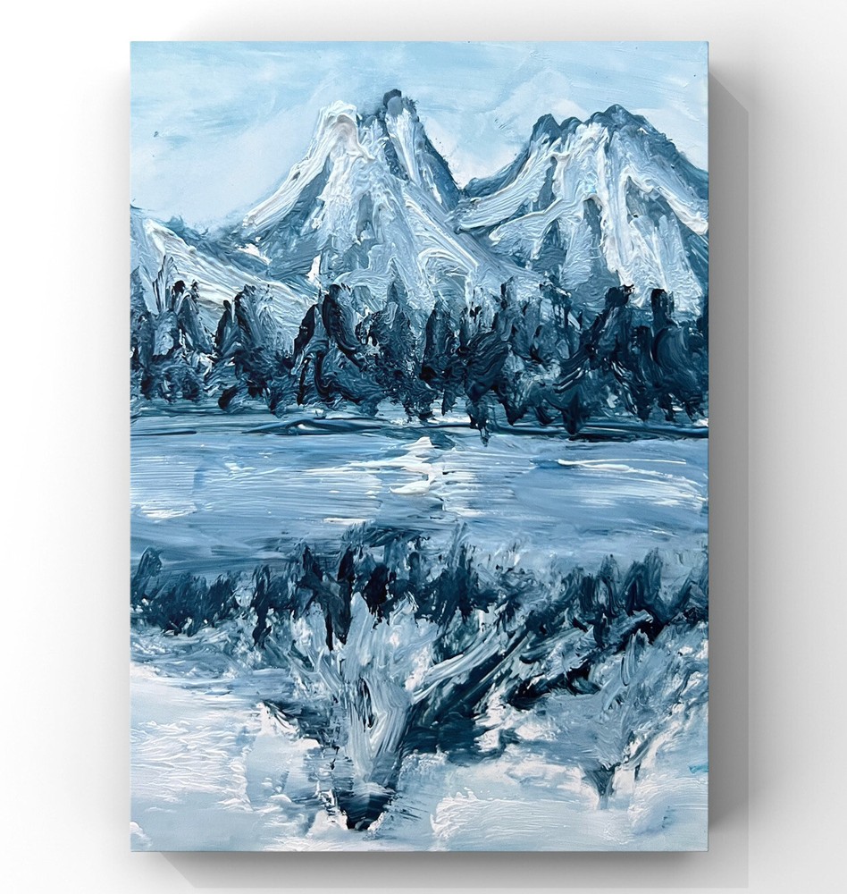 Winter Landscape Oil Painting with Blue-Grey Mountains and Ice Lake Reflection