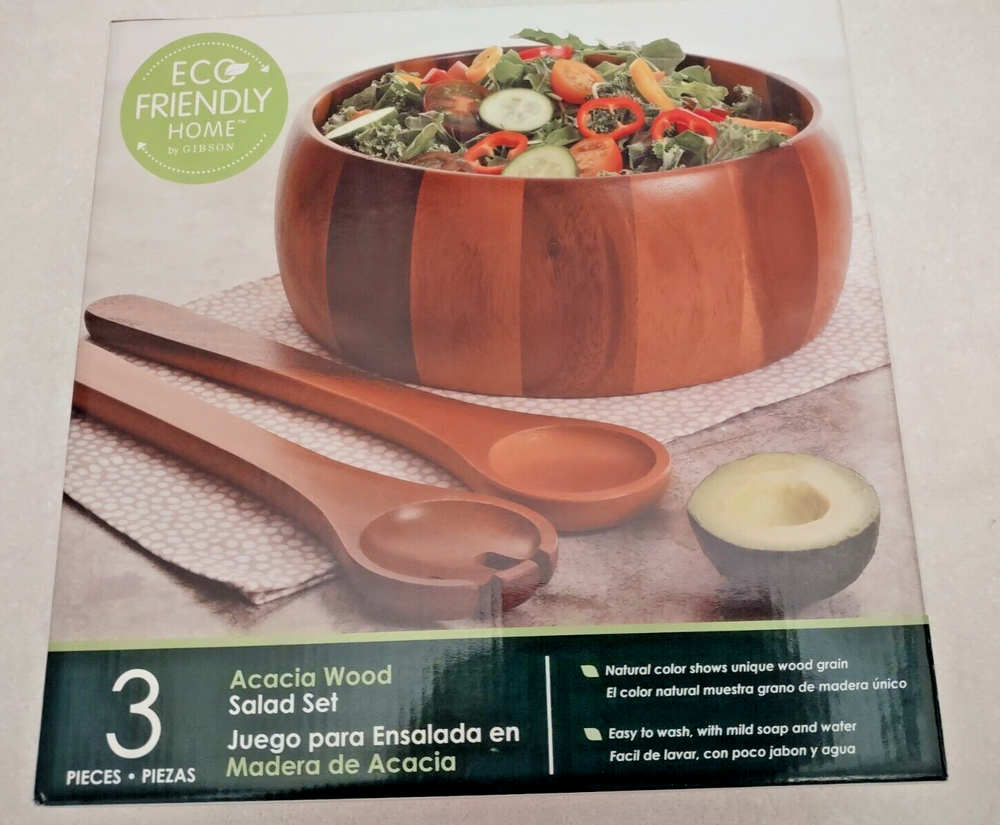 Acacia Wood 3-Piece Salad Bowl Set Brown NEW by Gibson Eco Friendly Home-image
