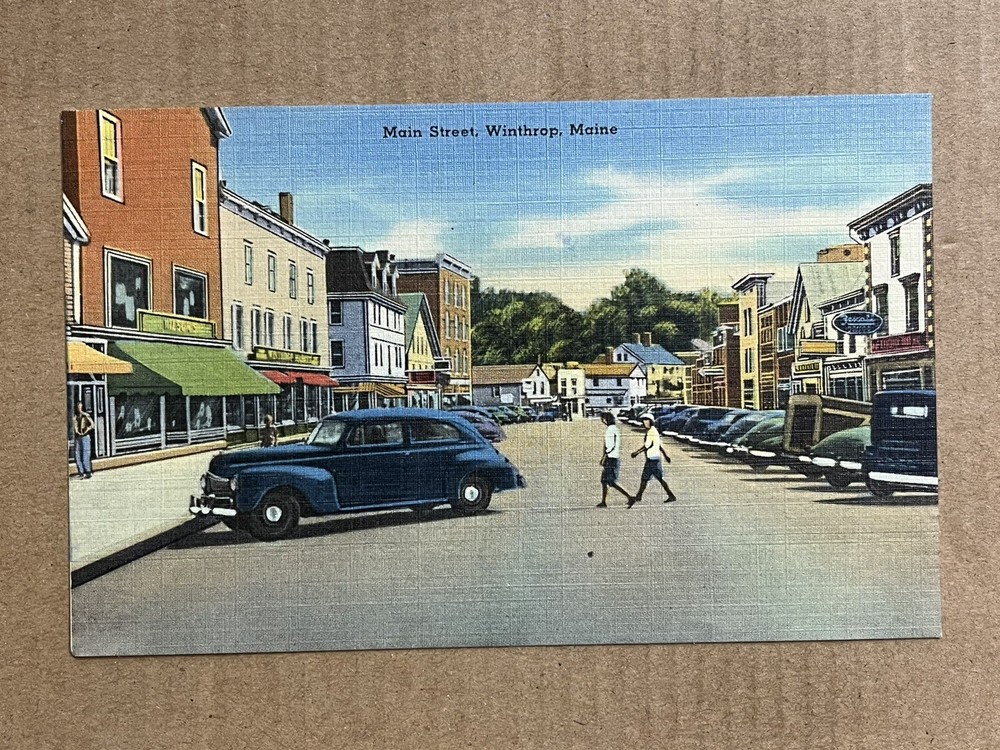 Postcard Winthrop Maine Main Street View Classic Old Cars Vintage Linen PC