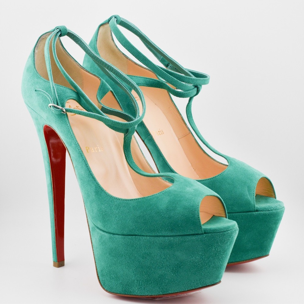 READ Louboutin Talitha 160 green suede leather peep platform pumps heels US 10