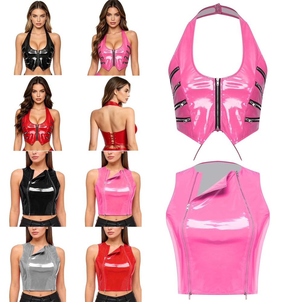 Womens Faux Leather Crop Tank Top Wet Look Front Zipper Dance Vest Top Clubwear