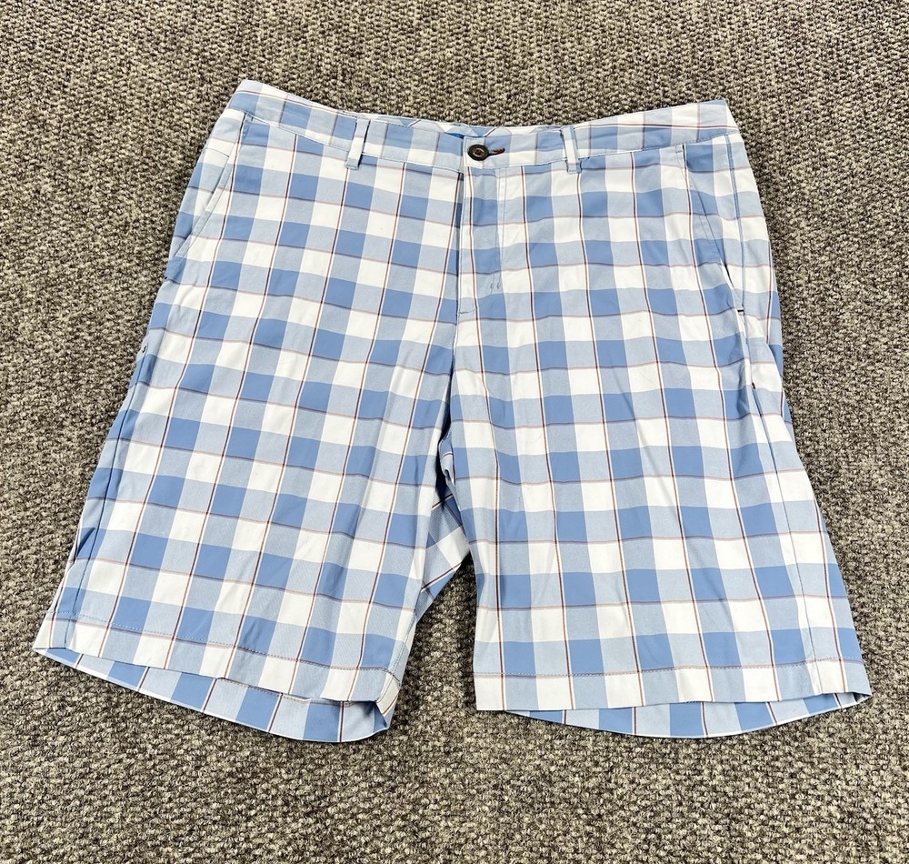 Tommy Bahama Chino Shorts Mens 34 Blue Plaid Nylon Stretch Fabric Casual Beach