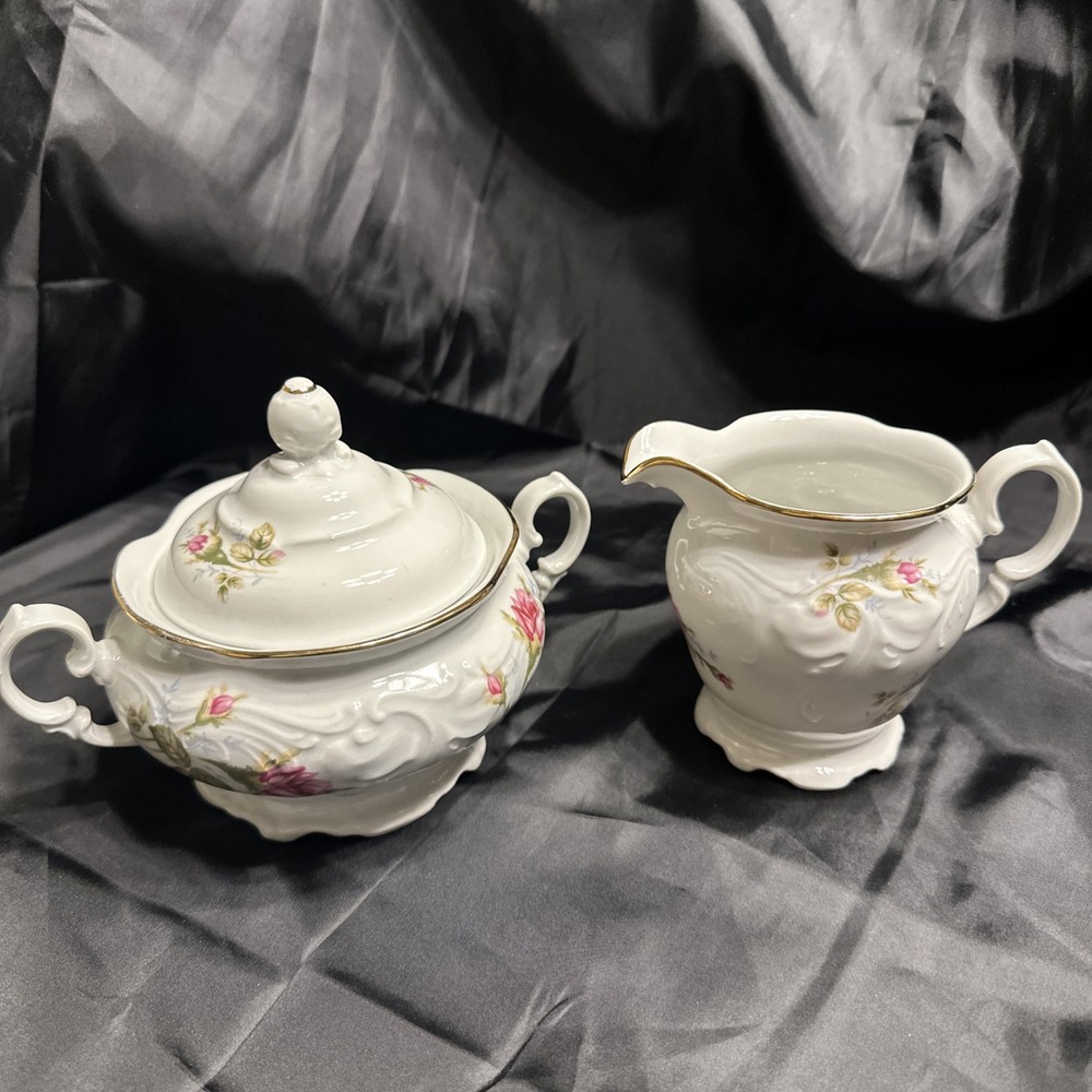 Vintage Wawel Tea Rose Creamer & Sugar Bowl Set White Gold Trim Poland