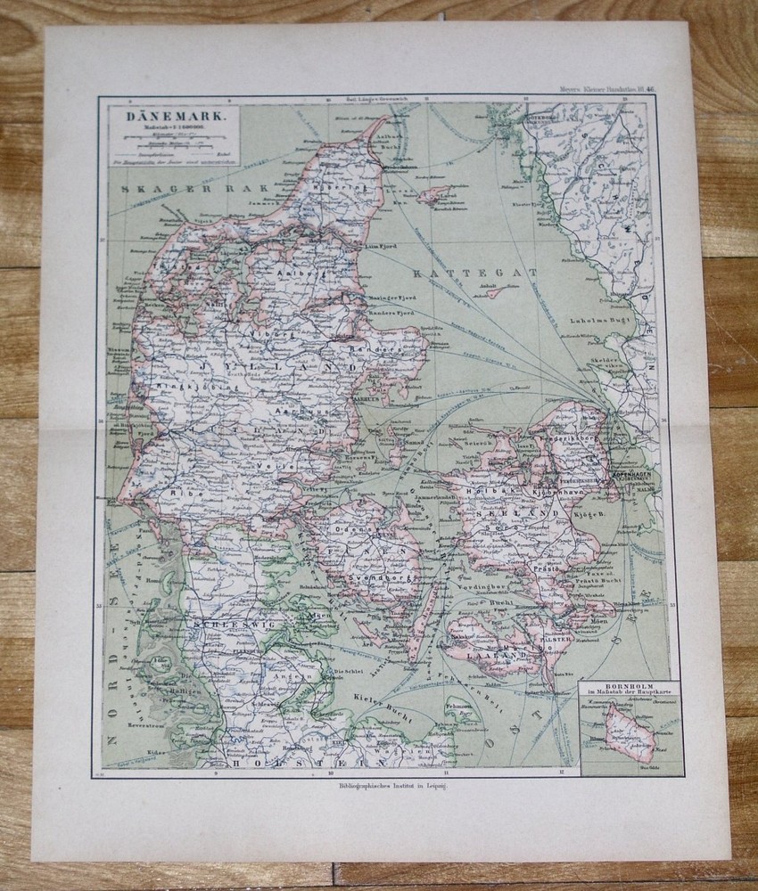 1892 Original Antique Map Of Denmark / Schleswig-Holstein Germany