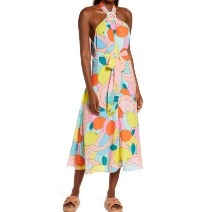 Staud Kai Midi Halter Neck Dress Citrus Kaleidoscope Size M