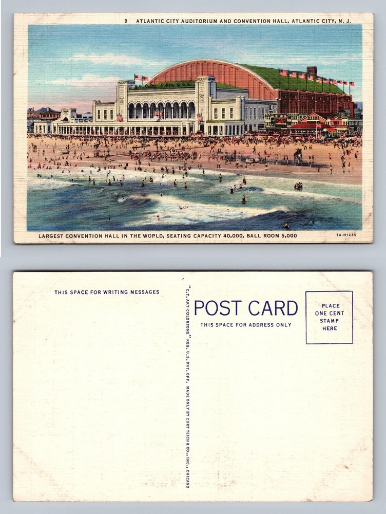Atlantic City, NJ-New Jersey, Convention Hall Beach Scene Old Vintage Postcard