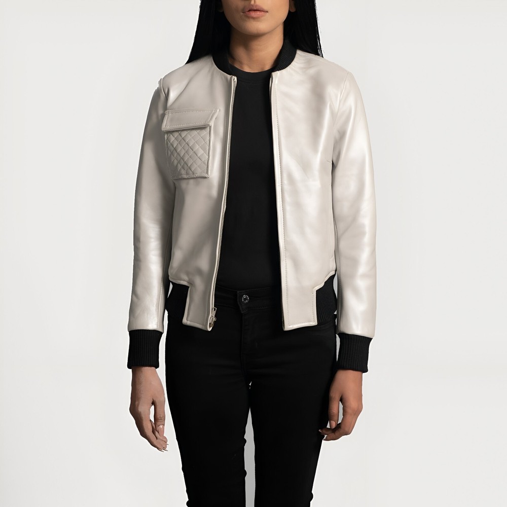 Custom Silver Leather Cowskin Bomber Jacket - Varsity Style for Men Women Kids