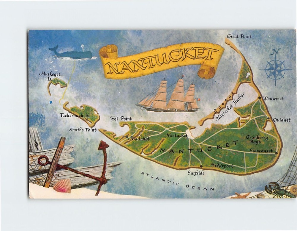 Postcard Map of Nantucket Island Massachusetts USA