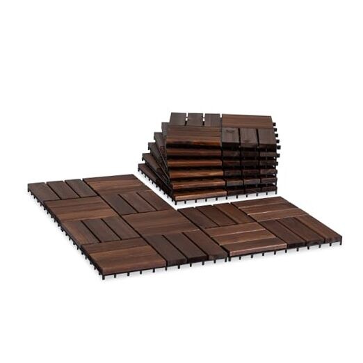 Acacia Wood Patio Deck Tiles - 9-Piece Interlocking 12-Slat Decking Set-image