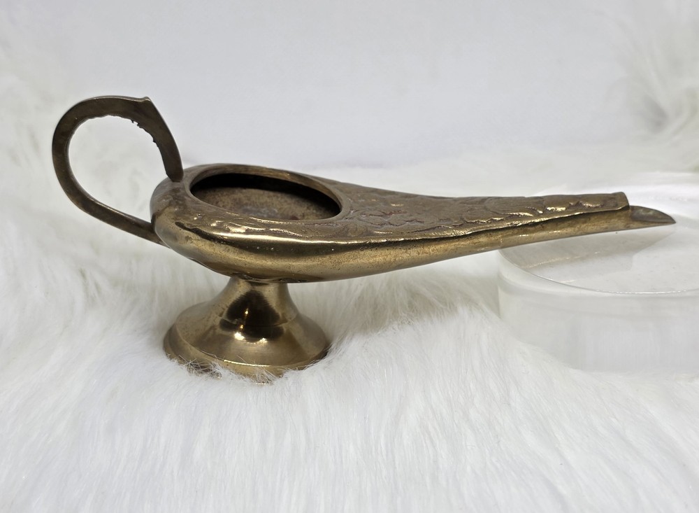 Vintage Brass Incense Burner Genie Lamp Etched Aladdin Arabian India