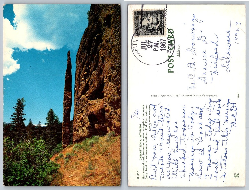 Chimney Rock Wyoming Postcard Cody Road Yellowstone Park 1967 Posted