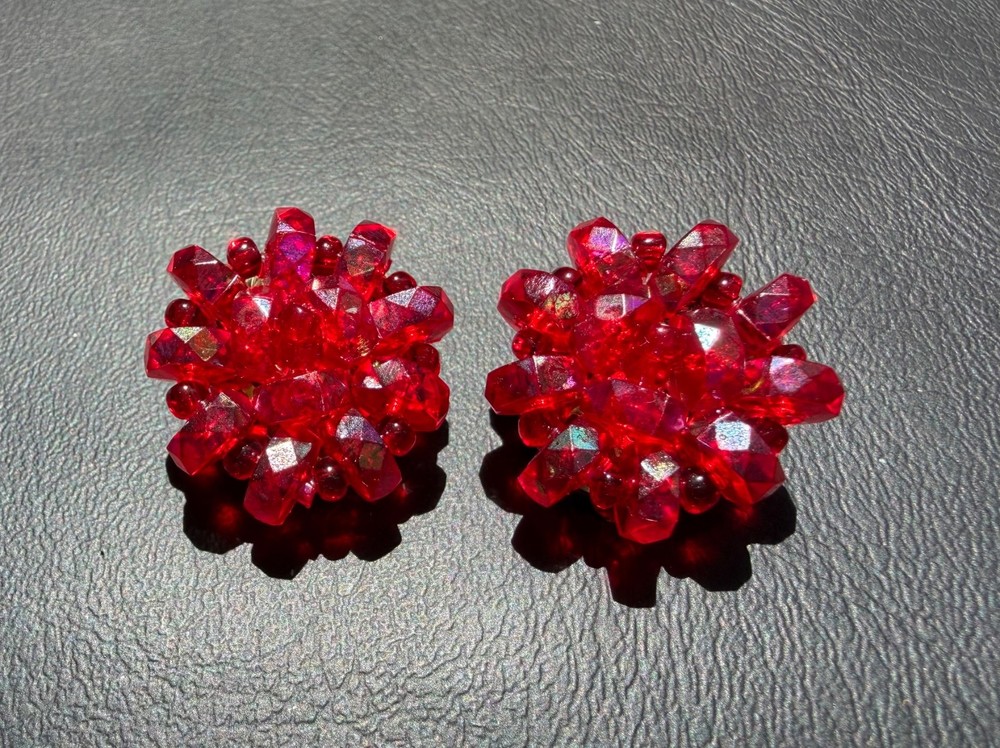 Vintage Aurora Borealis Dark Pink/Red Cluster Bead Clip-On Earrings West Germany