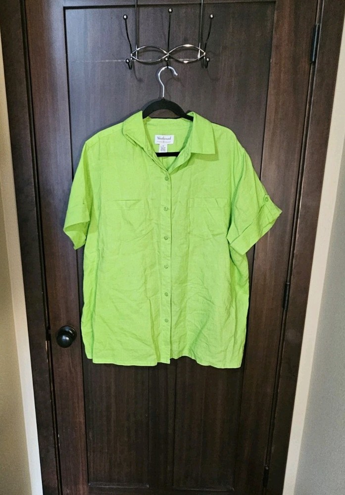 EUC Women's Plus Westbound Linen Bright Lime Green Button Up Top Blouse Size 1X