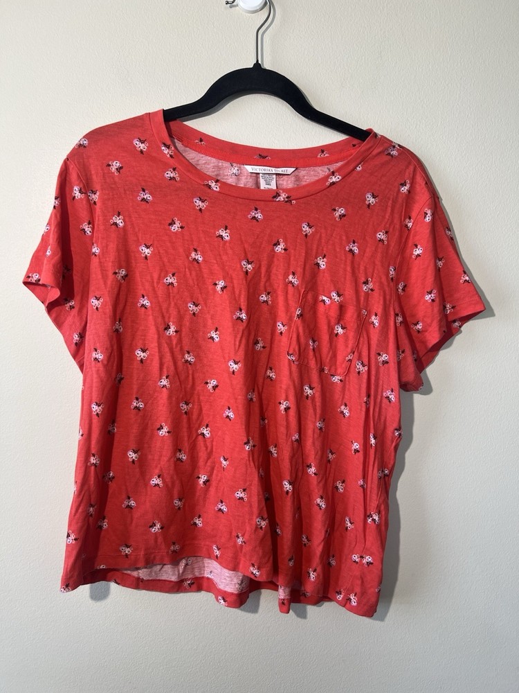 Victoria's Secret T-shirt Women XL Short Sleeve Coral Floral Print Crew Neck Tee