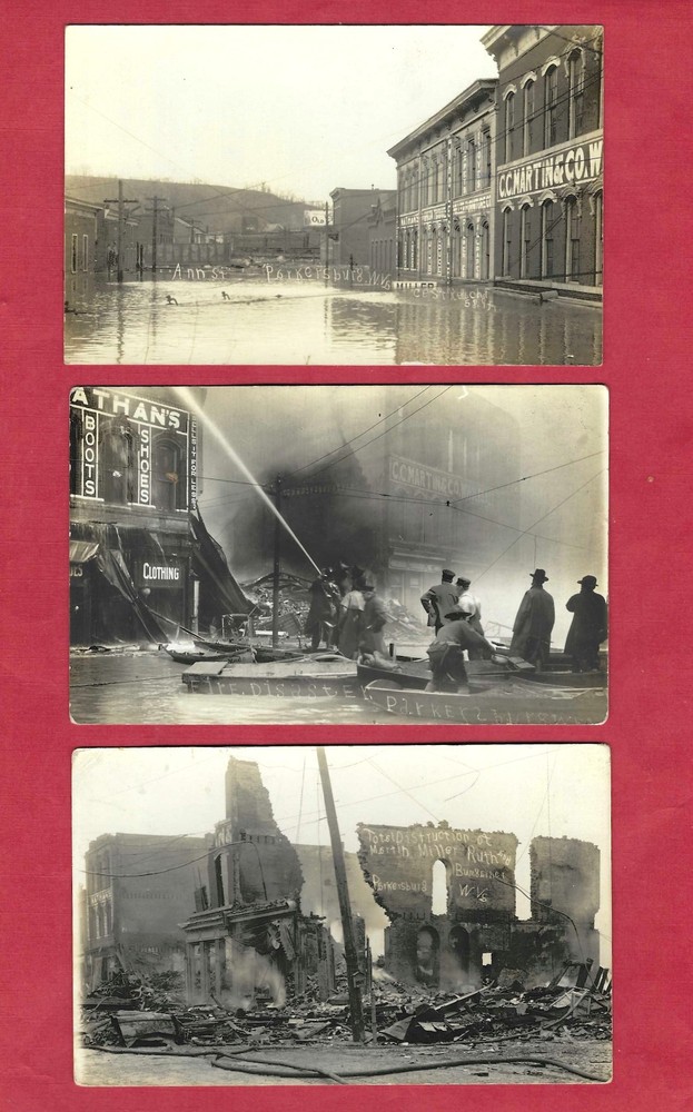 Parkersburg, WV, 3 rppc 1913 ANN St FIRE, before, during, and after views, VF