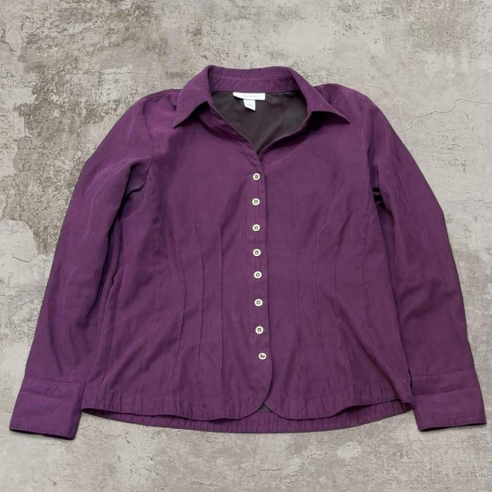 Dressbarn Women's Purple Solid Long Sleeve Collared Button-Down Blouse Size L