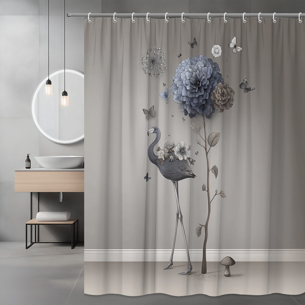 Flamingo Floral Butterfly Shower Curtain Gray Blue Wall Art