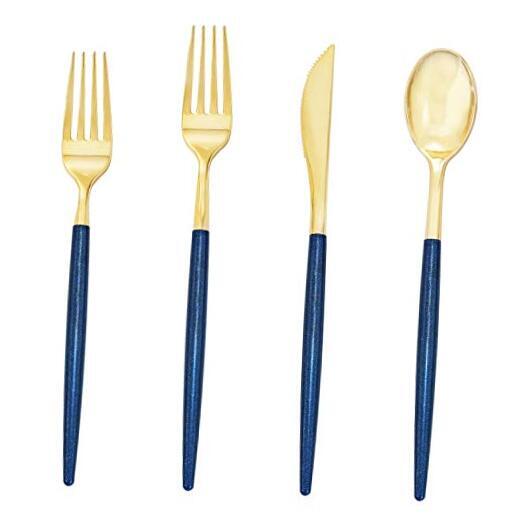 180 Pieces Gold Plastic 180PCS Gold Flatware with Blue Glitter Handle