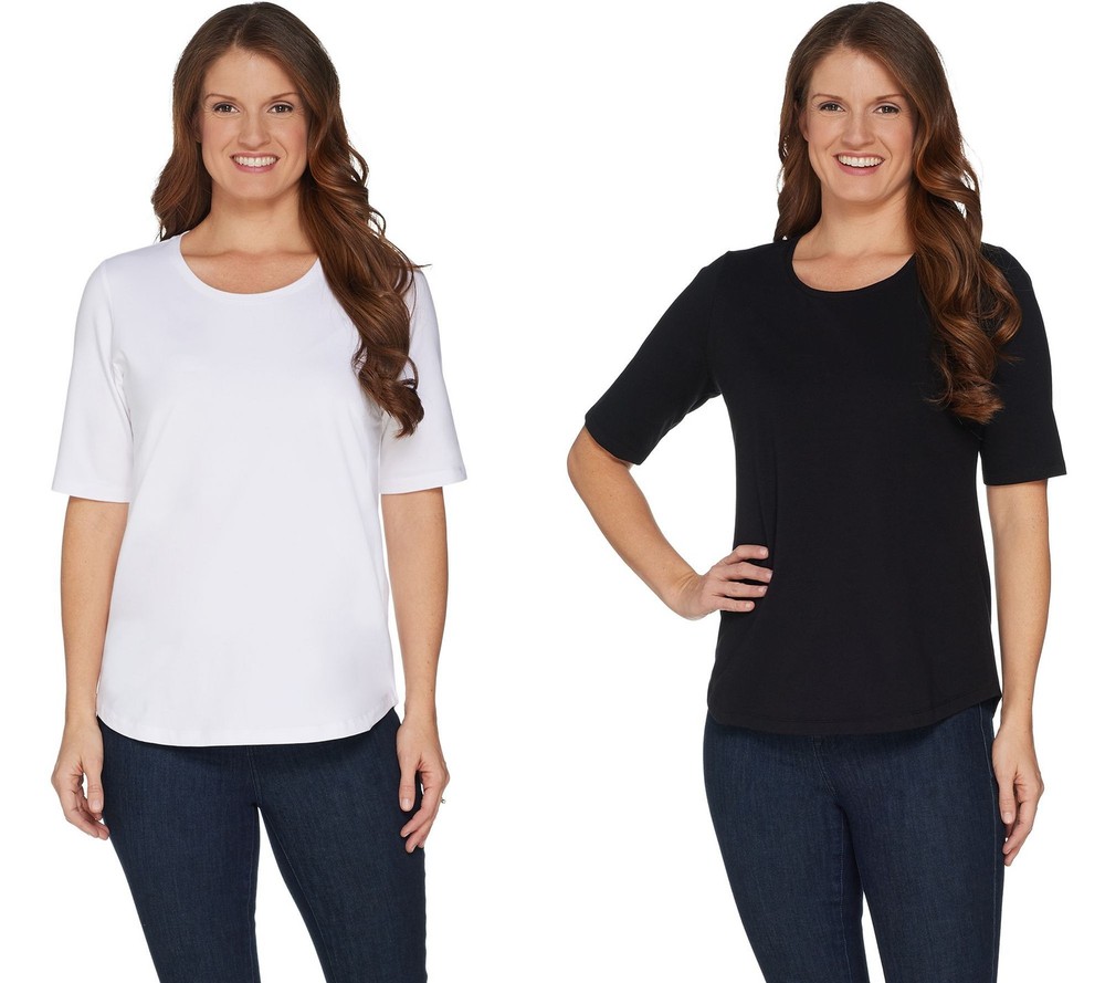 Denim & Co. Women's Top Sz L Essentials Elbow Sleeve Knit Tops Black A302899