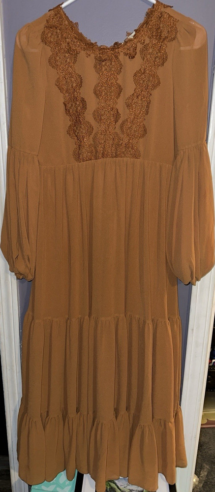 mia JOY Girls A-Line Brown Tiered Dress Lace Balloon Sleeve Size 12 Fall Casual