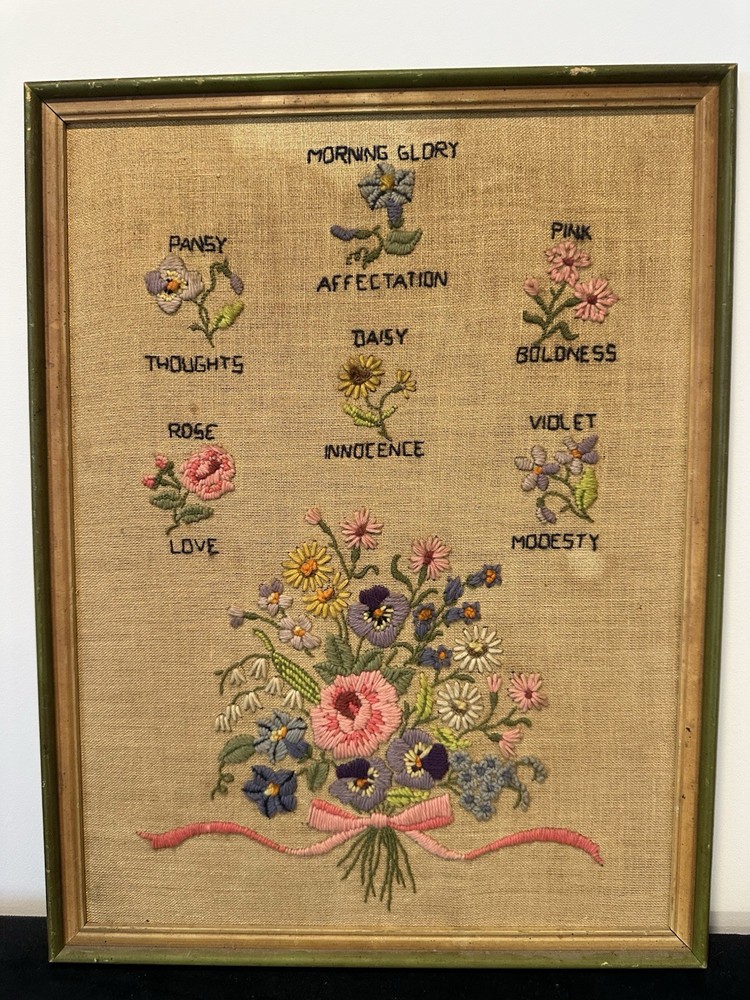 Vintage Hand Embroidered Floral Sampler Framed Needlework Cottagecore Wall Art