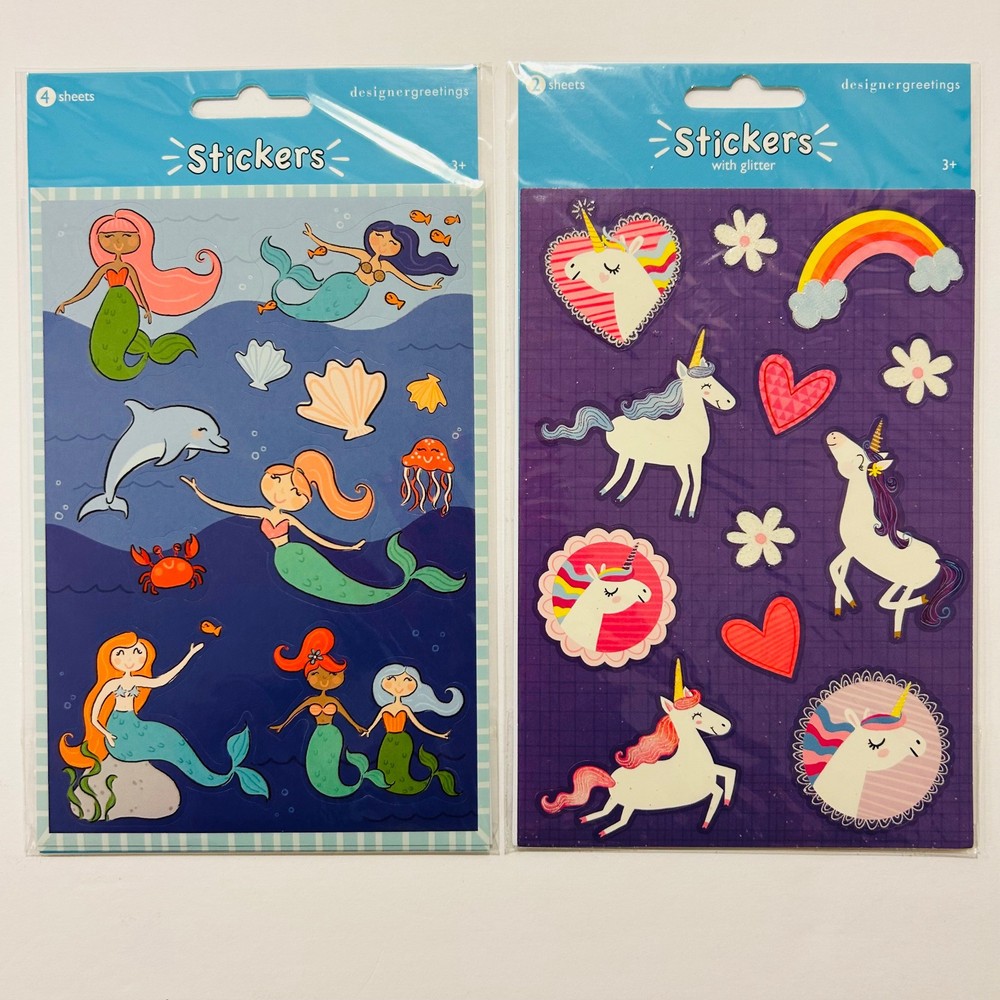 Vintage Retro Stickers MERMAIDS DOLPHIN SEASHELLS UNICORNS HEARTS FLOWERS 2pk
