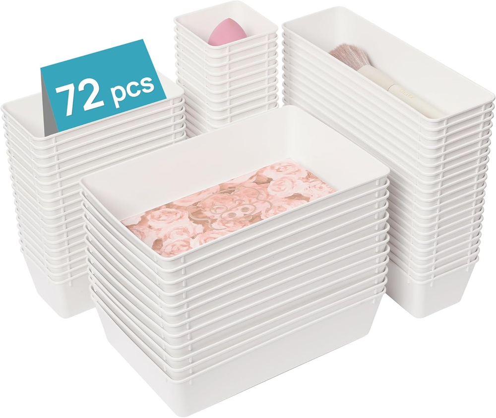 72 PCS Plastic Drawer Organizers Set, 4-Size Versatile Bathroom and Vanity Organ