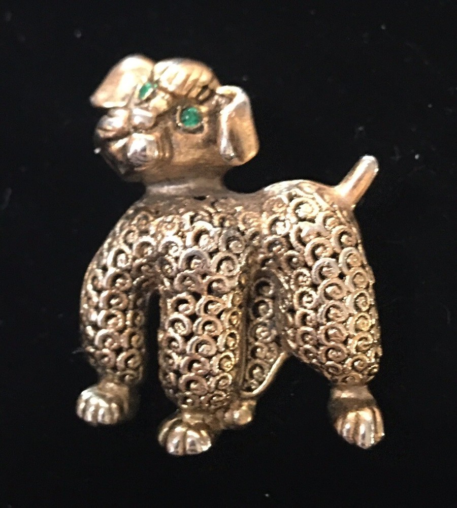 Vintage Gold Tone Green Rhinestone Eyes Poodle Dog Textured Brooch Pin