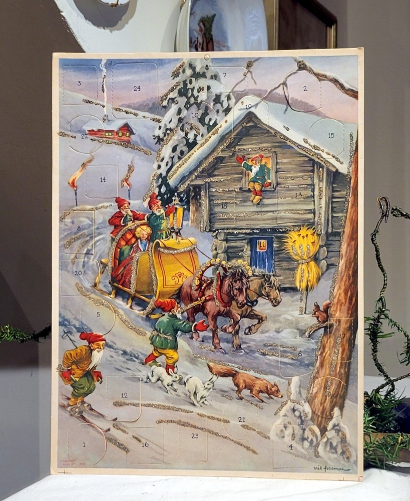 WONDERFUL OLD ADVENT CALENDAR.  THE GNOME CARRIAGE DRIVES TO THE VILLAGE.  50s