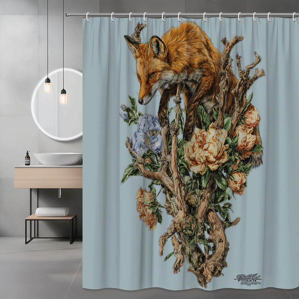 Fox and Floral Shower Curtain, Blue Background Wildlife Print