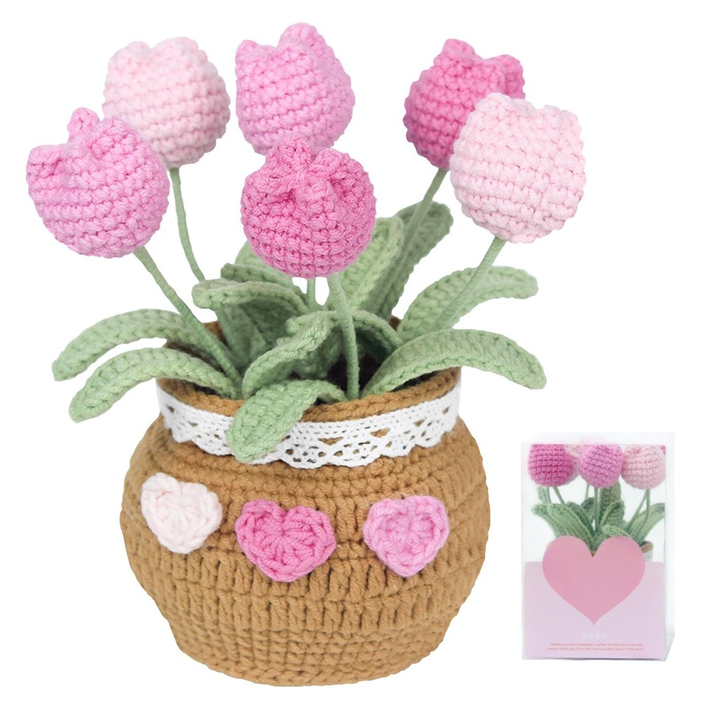 Crochet Flower Bouquet Tulips Knitted Flowers Crocheted Tulip Potted Plant Ha...