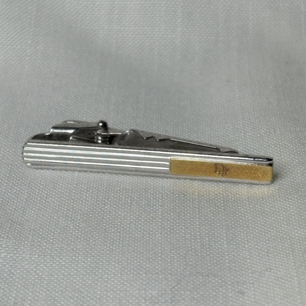 CHRISTIAN DIOR Monsieur Vintage Tie Clip Logo Ribbed Two Tone