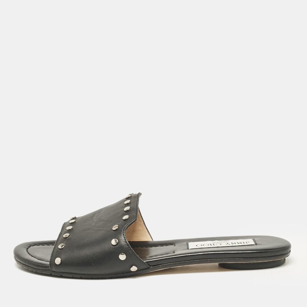 Jimmy Choo Black Studded Leather Nanda Slide Sandals Size 37