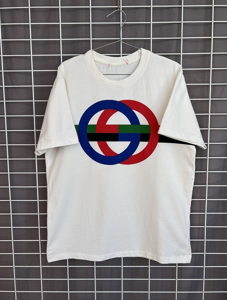 Gucci Round GG Print White T-Shirt Mens Size L Luxury Cotton Short Sleeve