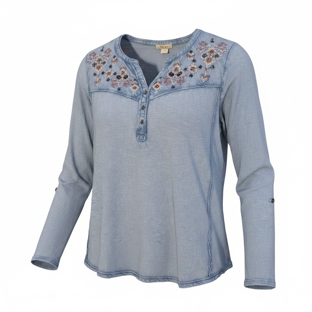 STYLE & CO Blue Floral Embroidered Henley Top Womens L Boho Cottagecore Western