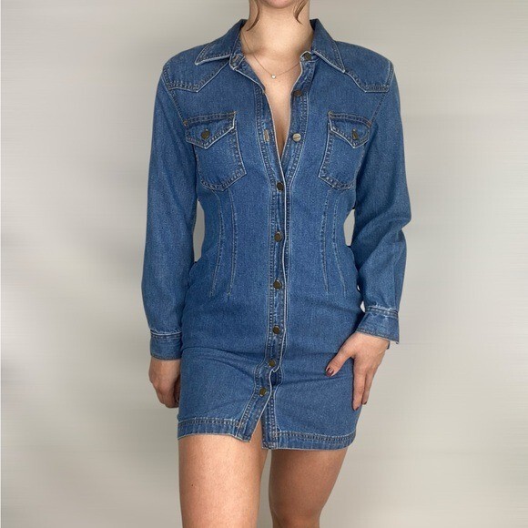 KAREN KANE Vintage Denim Button Down Long Sleeve Mini Dress Made in USA