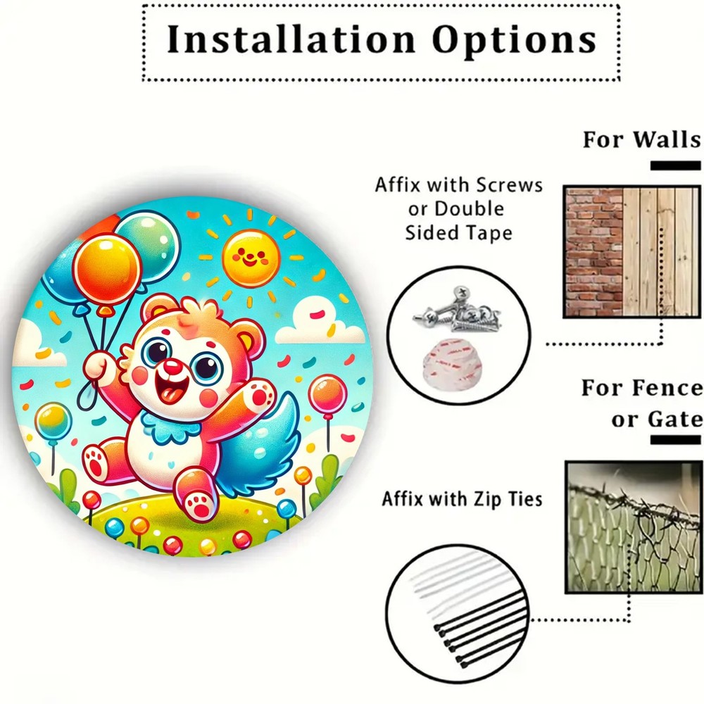 Vintage Cartoon Bear Balloon Round Metal Sign 8x8 Inch