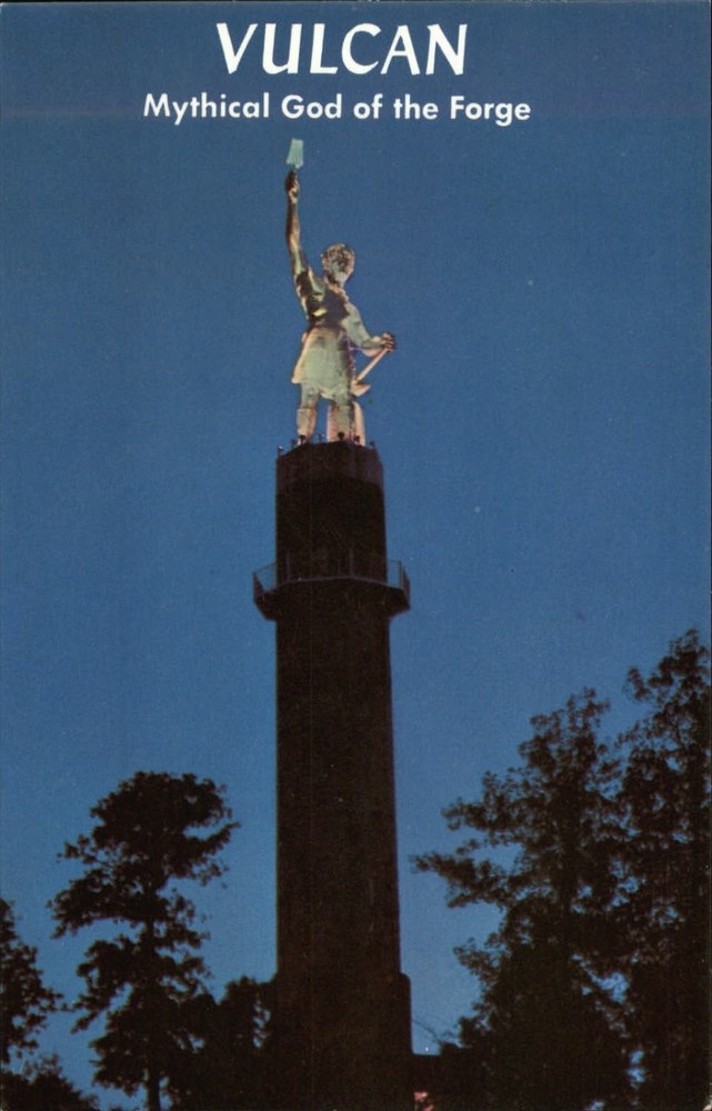 Birmingham Alabama Vulcan cast iron statue night unused vintage postcard