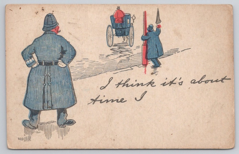 Humorous Policeman Horse Carriage Early Auto Comic Postcard 1900s