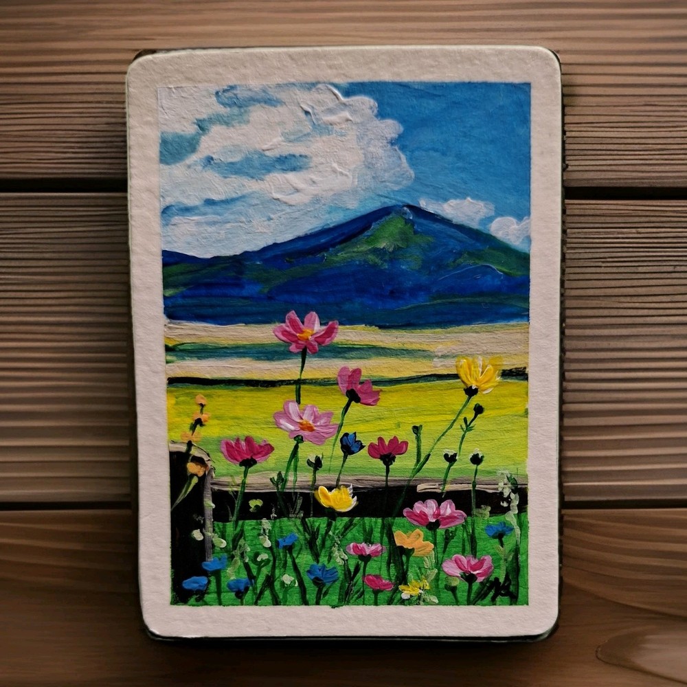 ACEO Original Acrylic Painting Art Card BEAUTIFUL DAY BLUE MOUNTAIN Hand Painted