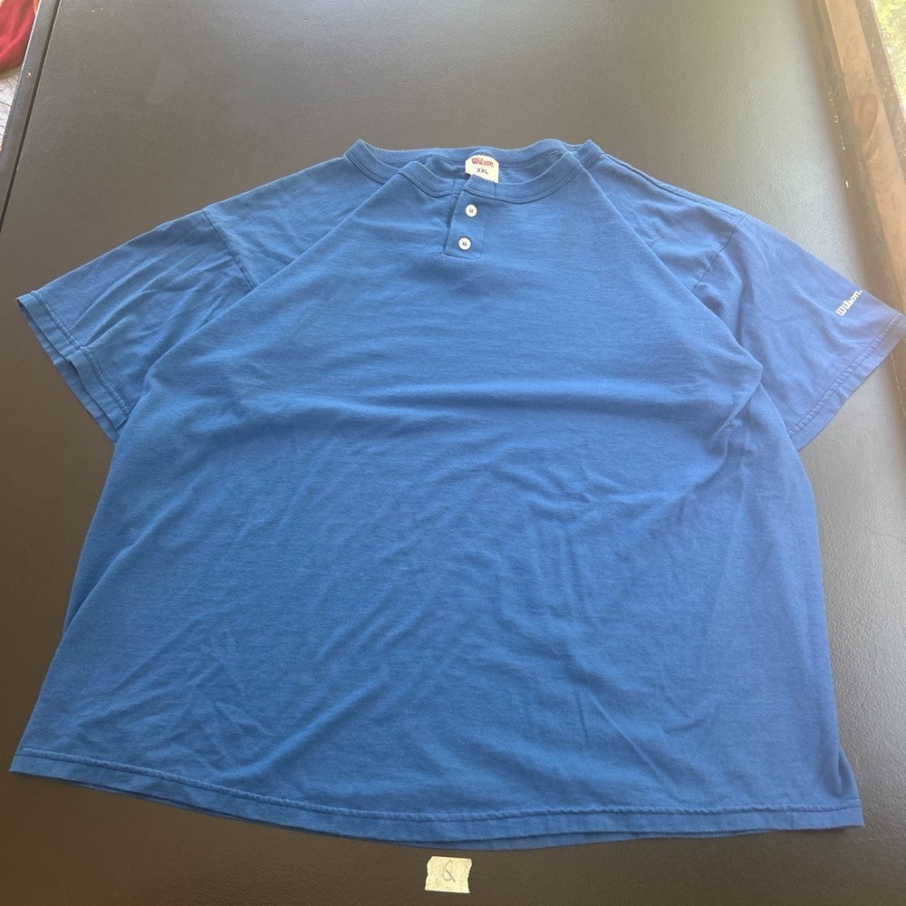 Vintage Wilson Henley T-Shirt Mens 2XL blue Blank Short Sleeve 80s Made USA