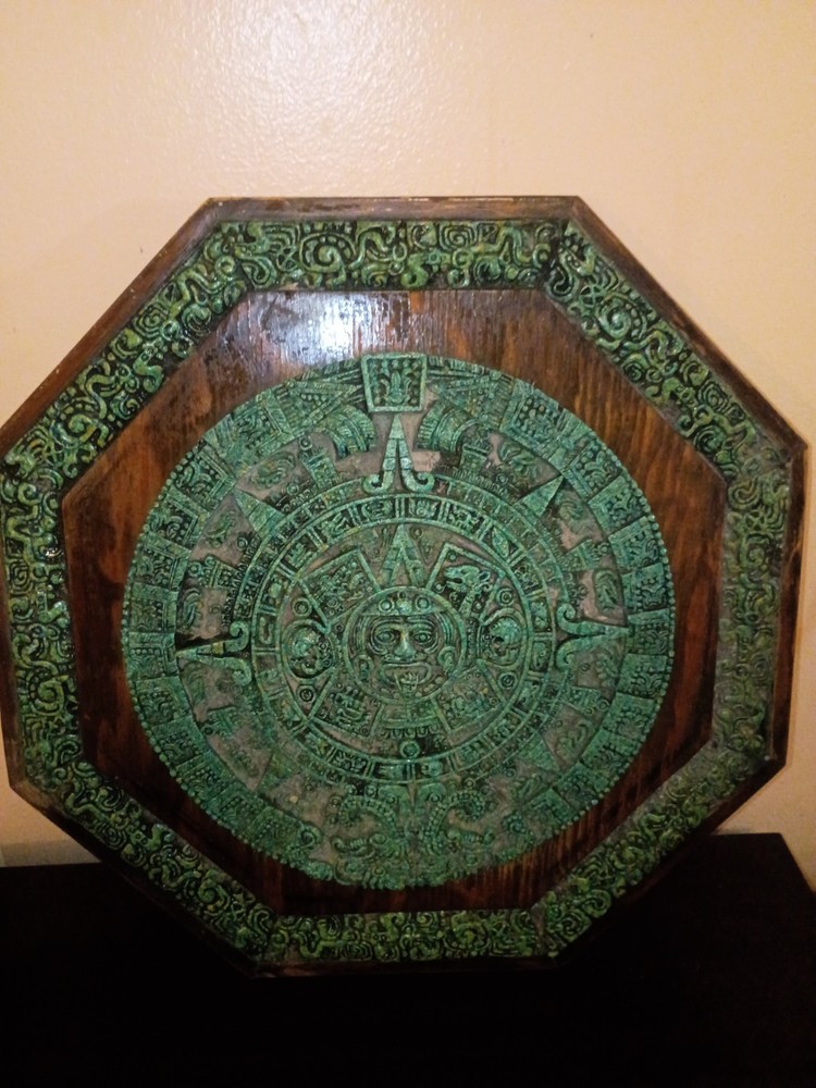 Mexican Folk Art Handcrafted Wooden Aztec Calendar Plaque Decorative Wall Art