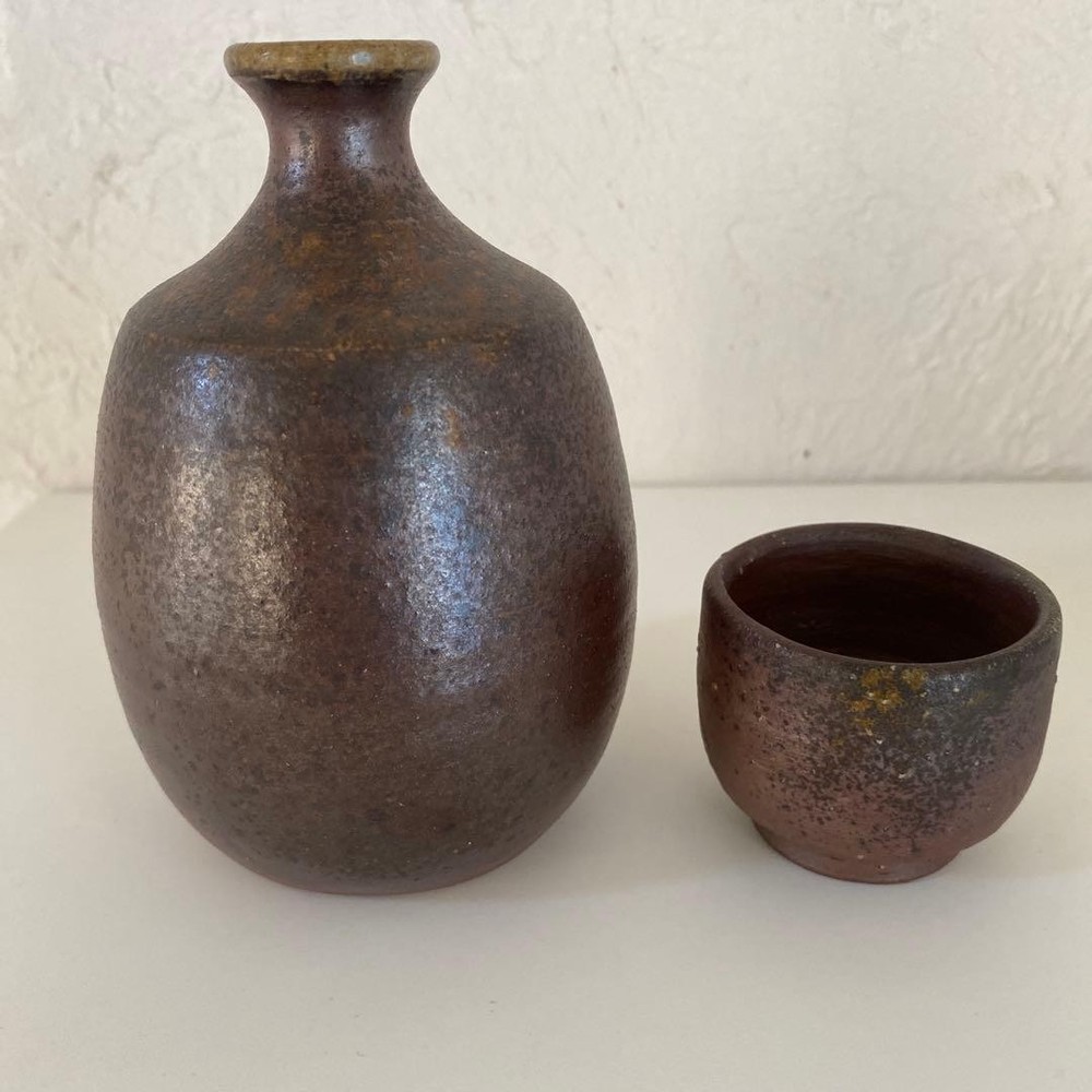 Bizen Ware Sake Bottle with Kimura Toho Sake Cup Set