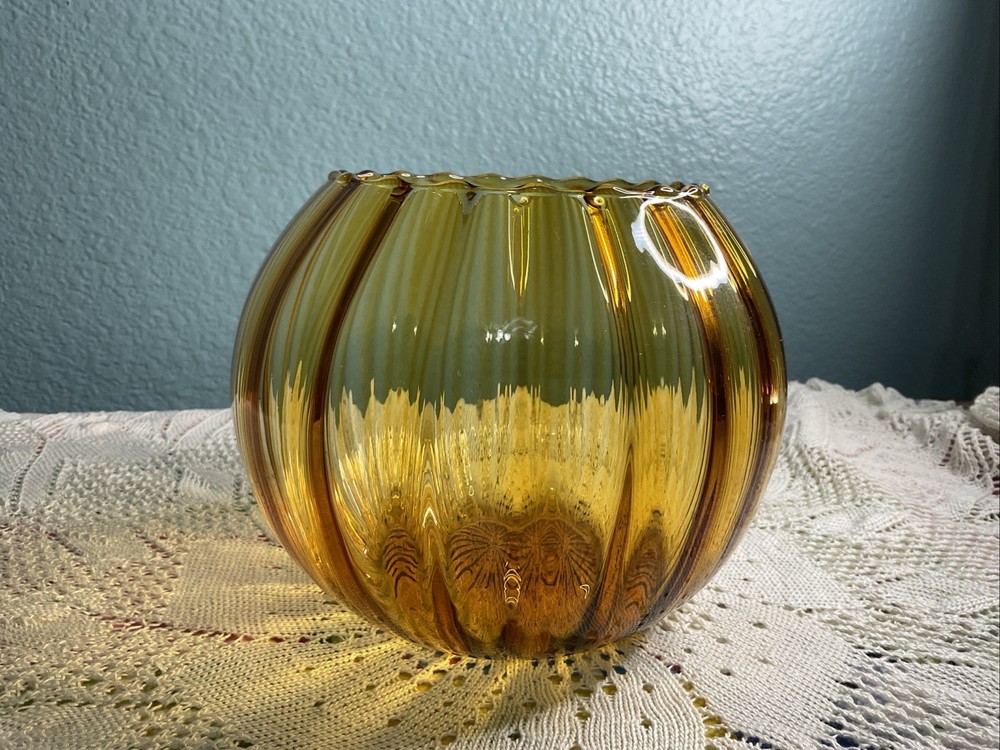 Vintage Amber Empoli Style Hand Blown Swirl Optic Glass Bowl Vase 5”x6”